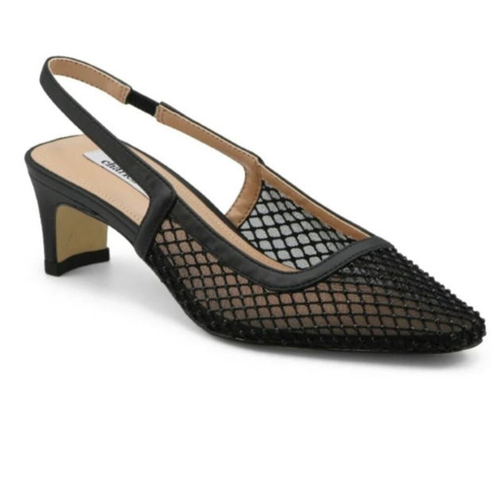 Charles David Shine Dress Kitten Rhinestone Mesh Black Sparkle Sling Heel NWOT 9